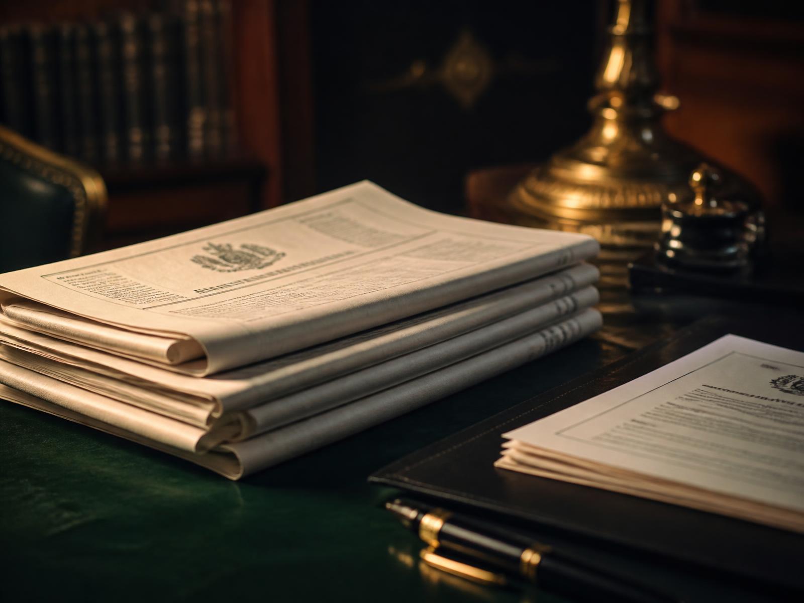 Recortes de diários oficiais e documentos jurídicos sobre mesa de escritório